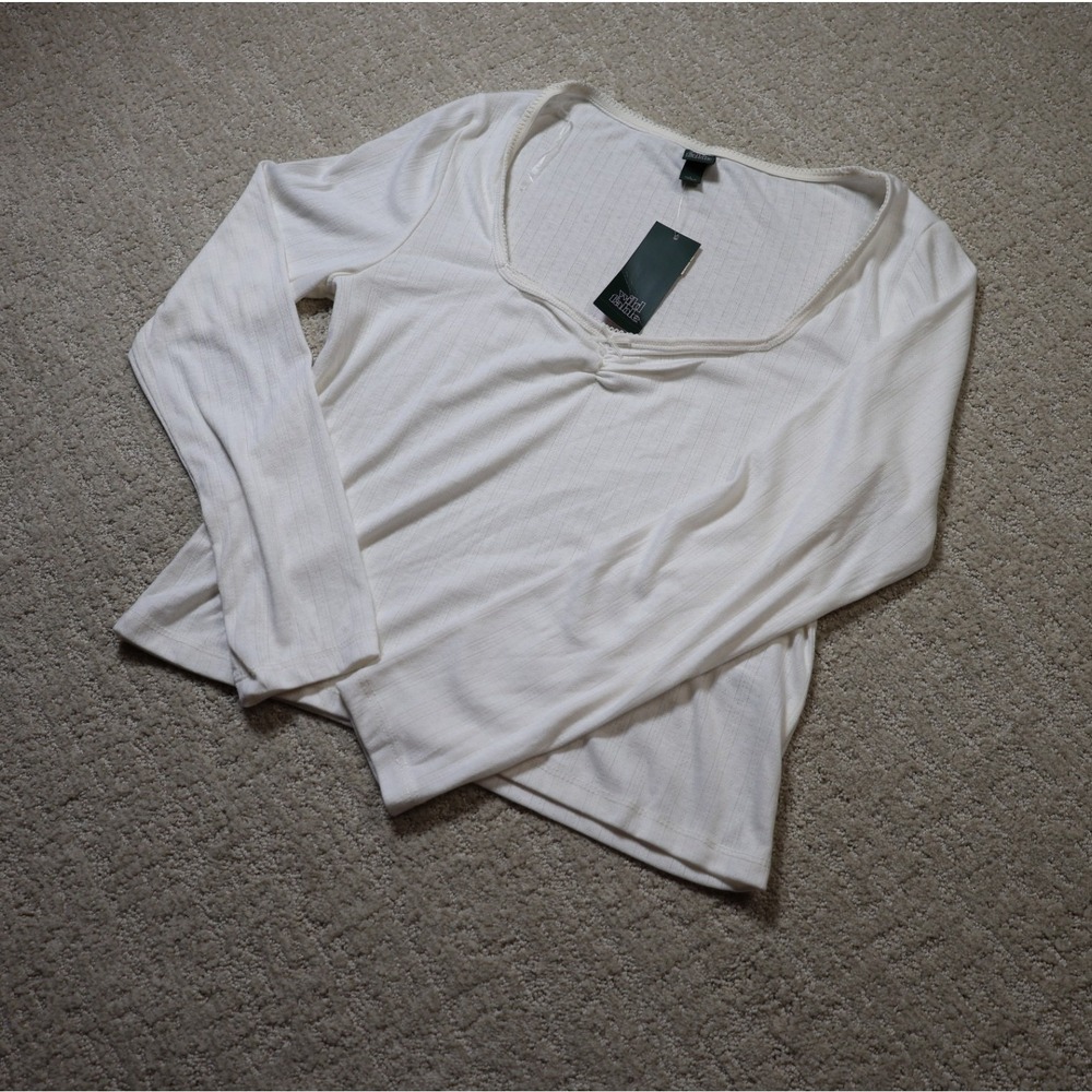 Wild Fable Cream Pointelle Sweetheart Neck Long Sleeve Top Ruched Bow L W-046